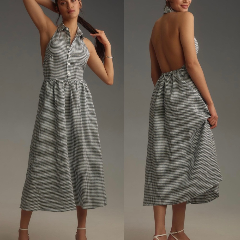 Reformation Blue and White Pleated Midi Sundress